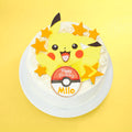 A round white frosted birthday cake topped with a large yellow Pikachu figure, orange star decorations, and a red-and-white Pokéball topper reading 'Happy Birthday Milo,' set on a yellow background.